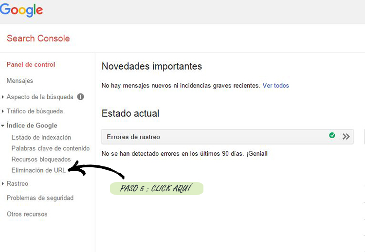 Paso 5º: Acudir a Search Console de Google para solicitar la eliminación de las urls que no deseamos tener indexadas.