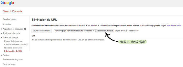 Paso 6º: Detectar imput para cargar archivo .txt con las urls que deseamos eliminar de la caché y los resultados de búsqueda de Google consiguiendo así eliminar urls de google masivamente.