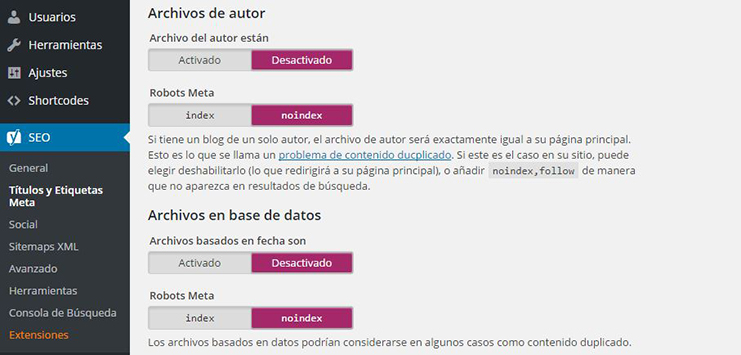 Configuración de taxonomía de archivos en wordpress by Yoast.