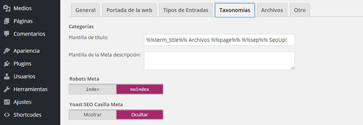 Configuración de taxonomía de categorías en wordpress by Yoast.