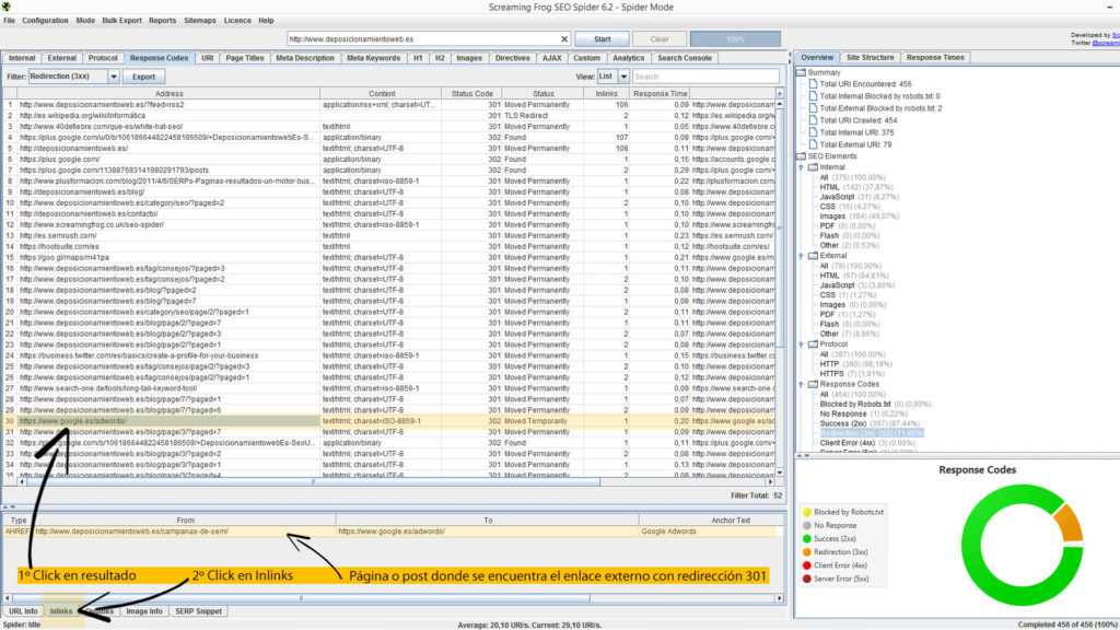 Sabiendo redirecciones 301 con Screaming Frog.